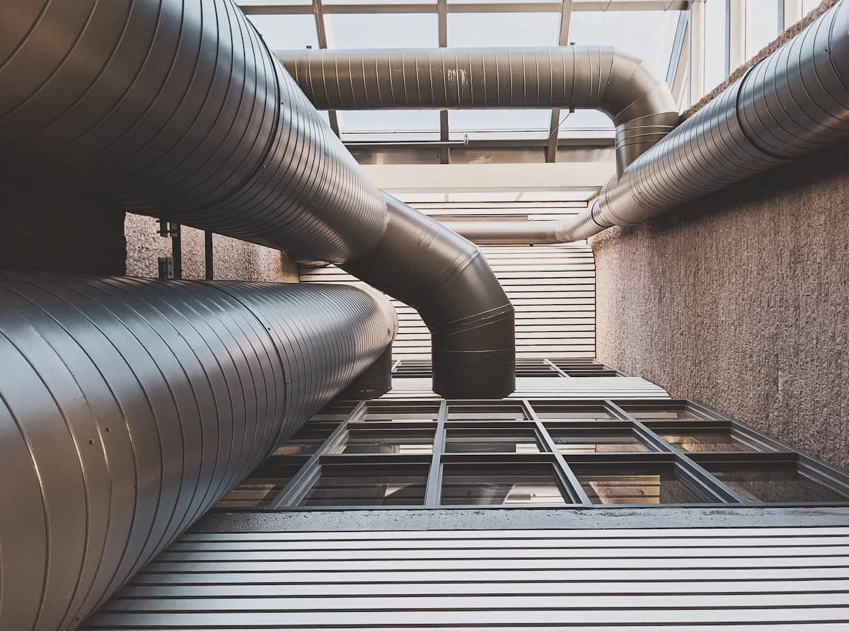 Large mechanical ductwork overhead in a building