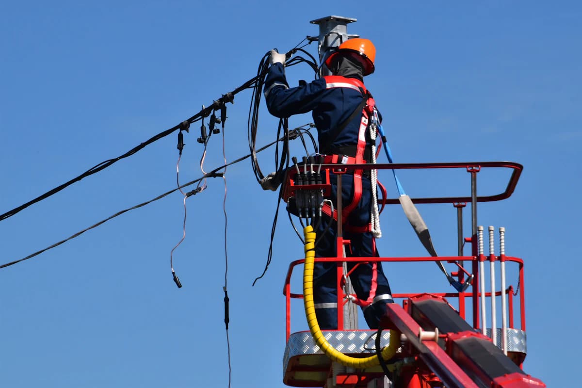 A lineworker in a hard hat and harness works on overhead lines from a bucket truck