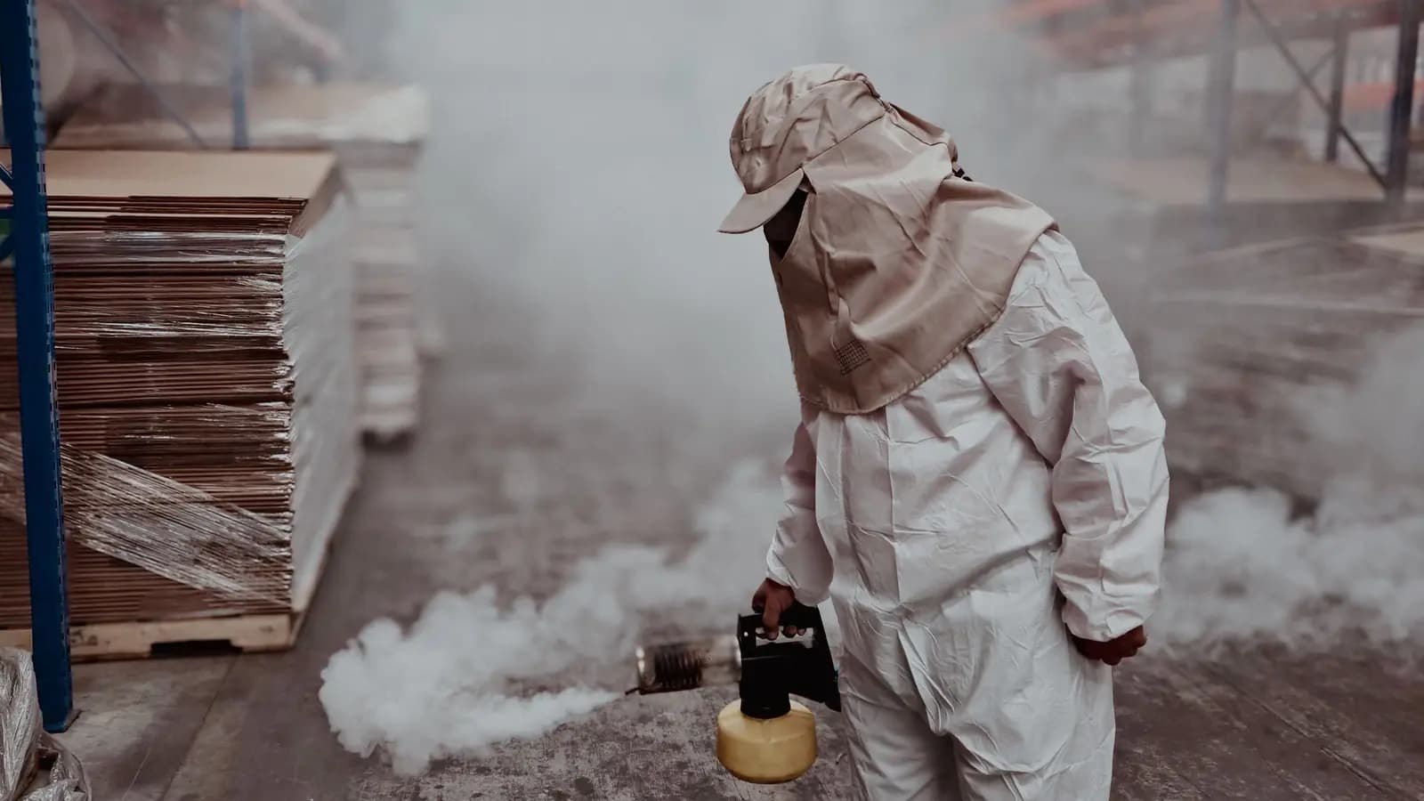 Technician in a protective suit fogging an aisle between warehouse pallet racks