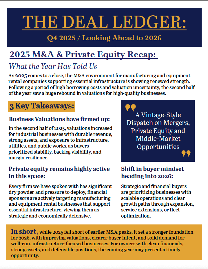 THE DEAL LEDGER: Q4 2025. Cover: Q4 2025 M&A market recap and 2026 outlook
